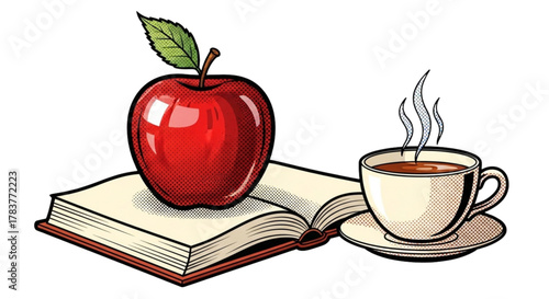 Red apple on open book beside steaming cup of coffee  