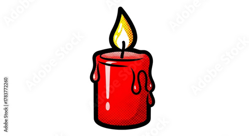 Red candle with melting wax and flame in illustration style  