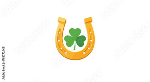 Golden horseshoe with a green shamrock inside, symbolizing good luck and Irish heritage.