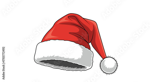 A festive red and white Santa hat with a fluffy trim and a pom-pom rests on a white background.