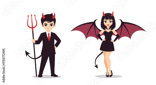 Cartoon devils in costumes, a man with a trident and a woman with bat wings.