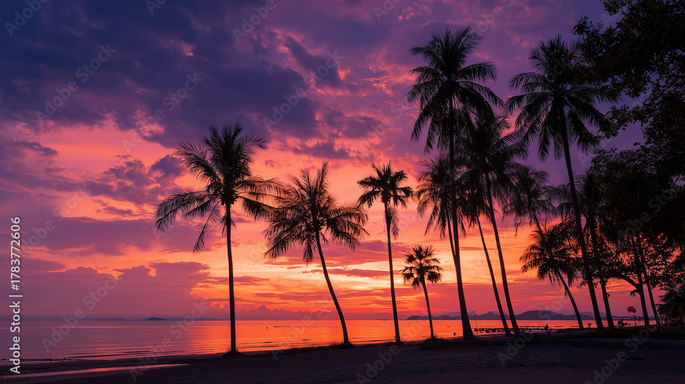 Obraz premium Silhouette of palm trees on a tropical beach against a vibrant orange and pink sunset sky for background