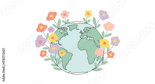 Earth surrounded by colorful flowers in a hand-drawn style  