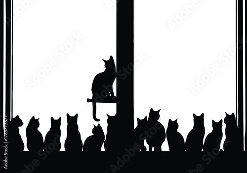 Flat vector group of sitting cat silhouettes, central elevated feline, symmetrical composition, black design, artistic pet posture, visual storytelling illustration