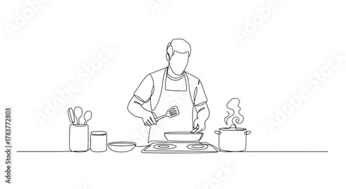 Man cooking breakfast in kitchen with frying pan and pot  