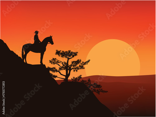 vector silhouette landscape with cowboy rancher riding horse standing at hill slope agaisnt setting sun - wild west dramatic sunset scene