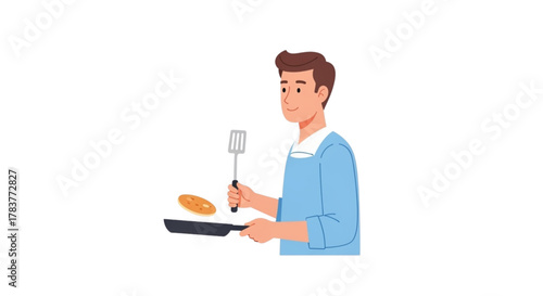 Young man cooking breakfast and flipping pancake in kitchen  