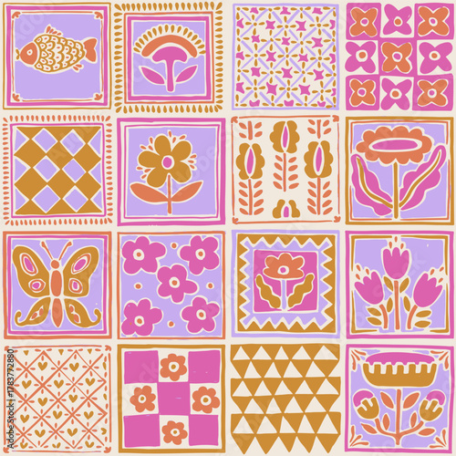 Seamless floral tile pattern. Hand-drawn squares with flowers, fish, and folk ornaments. Retro color palette. Vector illustration.