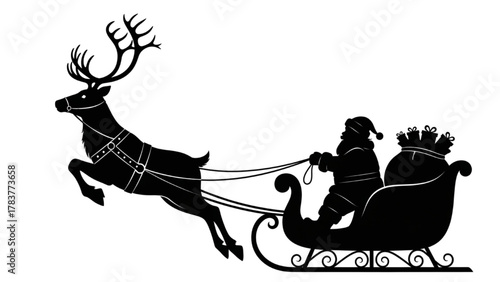Christmas Santa Sleigh Reindeer Silhouette Icon Vector Flying Winter Holiday Graphic