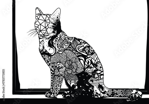 Flat vector patterned cat on windowsill, artistic silhouette design, abstract feline illustration, decorative black and white animal, geometric creative artwork