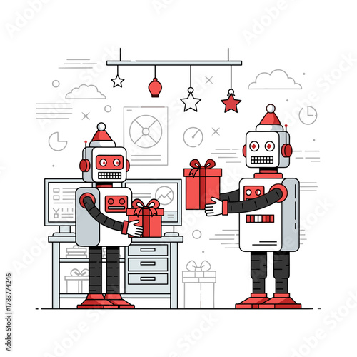 Robots exchanging gifts in tech workshop during Christmas celebration  