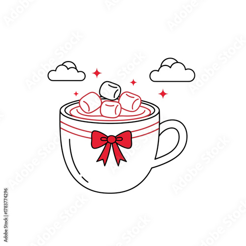 Hot cocoa mug with marshmallows and red ribbon on white background for Christmas  