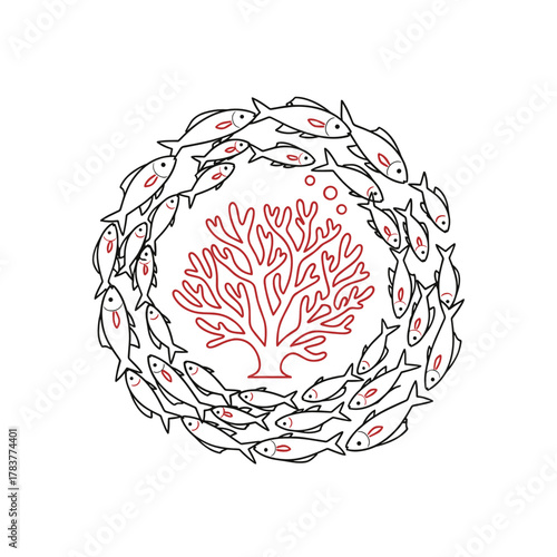 Coral tree in circular formation with fish for Christmas concept  