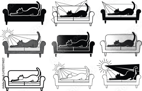 Flat vector cat on couch in sunlight, silhouette poses, shadow play moments, cozy feline behavior, artistic home interior illustration design