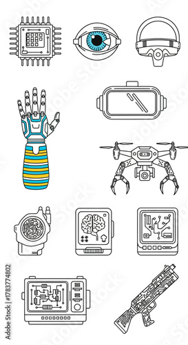 Futuristic Technology Line Art Icons Set - Robotics, AI, Cybernetics, and Gadgets. Detailed vector illustrations.