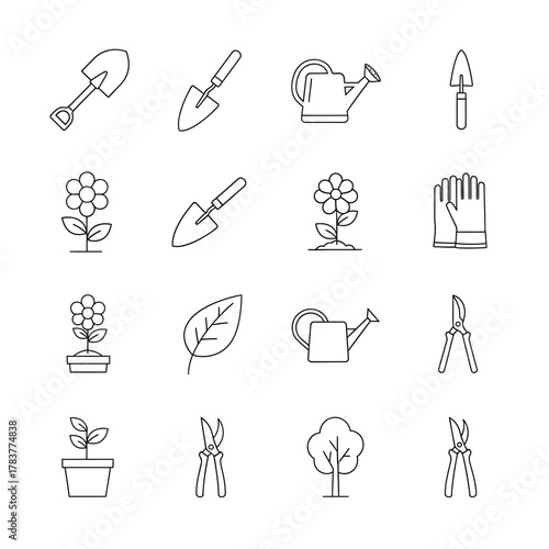 Gardening Tools and Plants Icons - Shovel, Trowel, Watering Can, Flowers, Gloves, Leaf, Tree, and Pruning Shears.