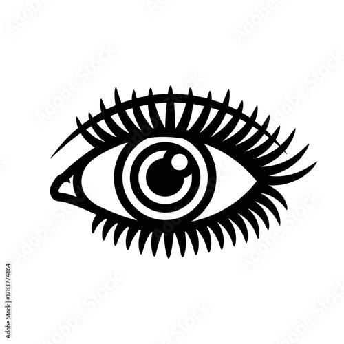 Graphic black and white open eye illustration with long spiky eyelashes and concentric iris detail.