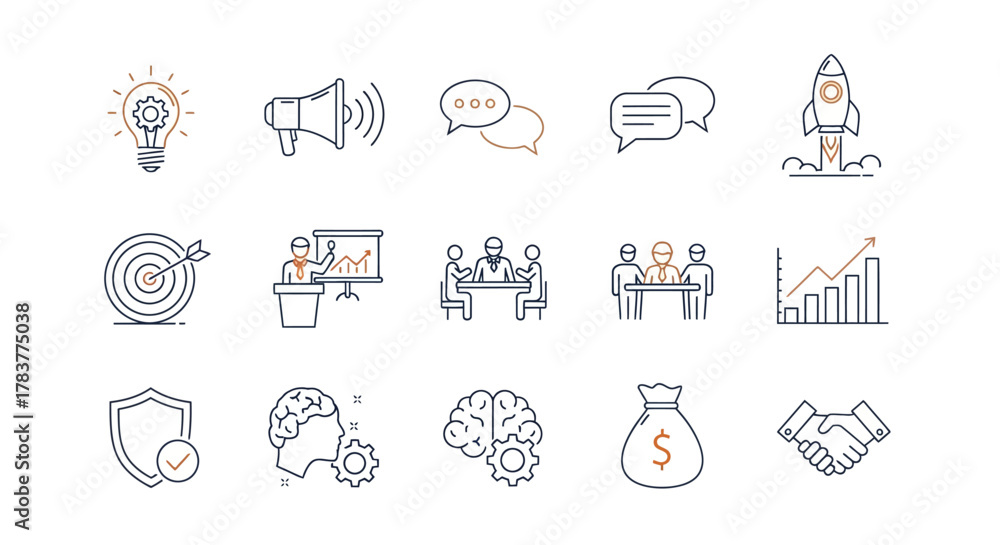 Fototapeta premium Hand-drawn business and startup icon set in a minimalist thin line art doodle style, representing growth, strategy, and teamwork.