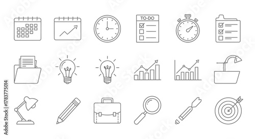 Hand-drawn business and office doodle icons set, featuring planning, finance, and idea symbols.
