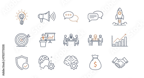 Hand-drawn business and startup icon set in a minimalist thin line art doodle style, representing growth, strategy, and teamwork.