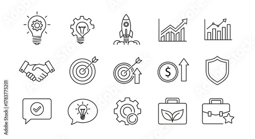 Hand-drawn doodle icon set for business, startup, and finance, featuring growth charts, targets, and rockets.