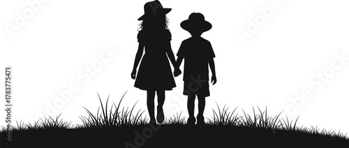 Silhouette of boy and girl holding hands standing on grass hill, childhood friendship and innocence concept art, CAD drawing flat vector illustration