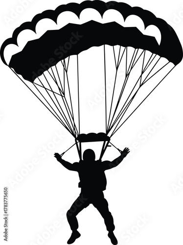 Parachuting person silhouette flying in sky with open parachute, extreme adventure sport concept illustration, CAD drawing flat vector illustration