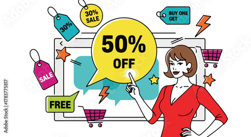 Flat vector shopper tapping giant discount button on ecommerce interface, surrounded by price tags and sale icons. Solid pastel design, ideal for flash sale banners and promo campaigns