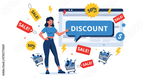 Flat vector shopper tapping giant discount button on ecommerce interface, surrounded by price tags and sale icons. Solid pastel design, ideal for flash sale banners and promo campaigns