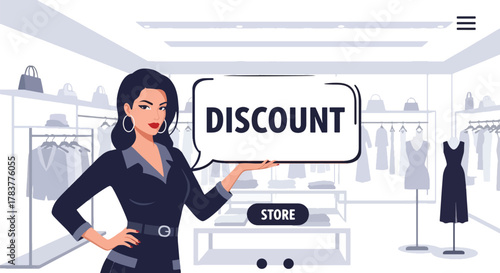 Flat vector shopper tapping giant discount button on ecommerce interface, surrounded by price tags and sale icons. Solid pastel design, ideal for flash sale banners and promo campaigns