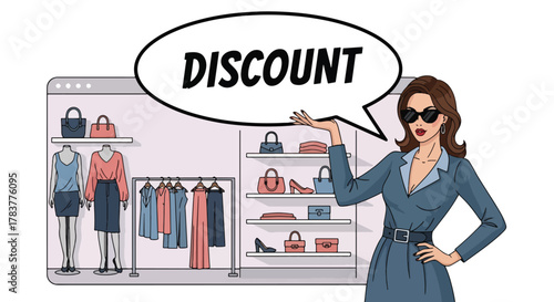 Flat vector shopper tapping giant discount button on ecommerce interface, surrounded by price tags and sale icons. Solid pastel design, ideal for flash sale banners and promo campaigns