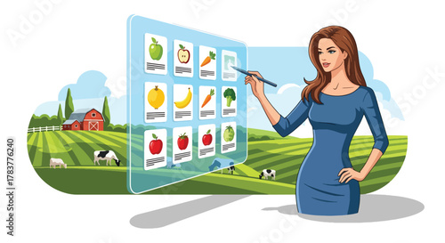 Flat vector shopper browsing online grocery catalog with fresh fruits and vegetables. pastel solid palette, ideal for food delivery marketplace concepts.