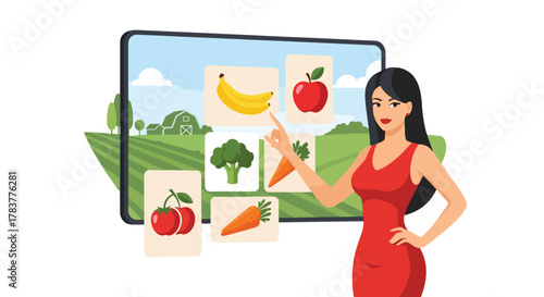 Flat vector shopper browsing online grocery catalog with fresh fruits and vegetables. pastel solid palette, ideal for food delivery marketplace concepts.