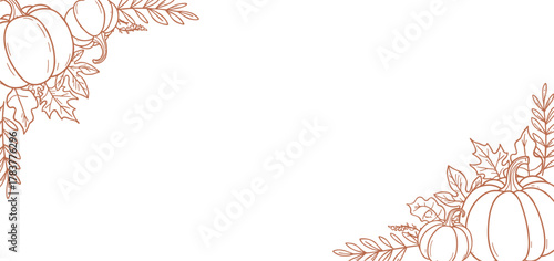 Autumn border with pumpkins, leaves, sprigs, rustic design, seasonal frame, Thanksgiving decoration, fall illustration, harvest theme, monochrome sketch, festive corner elements, nature art