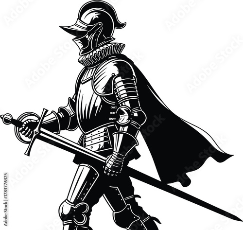 Medieval knight in armor holding sword, heroic warrior silhouette illustration, CAD drawing flat vector illustration for history, fantasy, and battle design themes
