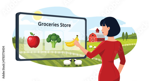 Flat vector shopper browsing online grocery catalog with fresh fruits and vegetables. pastel solid palette, ideal for food delivery marketplace concepts.