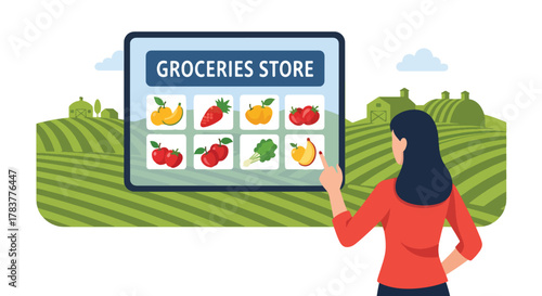 Flat vector shopper browsing online grocery catalog with fresh fruits and vegetables. pastel solid palette, ideal for food delivery marketplace concepts.