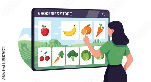 Flat vector shopper browsing online grocery catalog with fresh fruits and vegetables. pastel solid palette, ideal for food delivery marketplace concepts.
