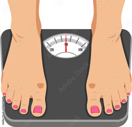 Bathroom, scale, feet, weight, measurement, health, fitness, personal care, toenails, grooming, dial, needle, pounds, standing, body, cartoon, illustration, monitoring, lifestyle, balance, equipment