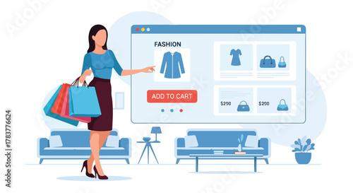 Flat vector shopper holding shopping bags while pressing “Add to Cart” on large ecommerce interface. Pastel solid illustration, ideal for promotional campaign visuals