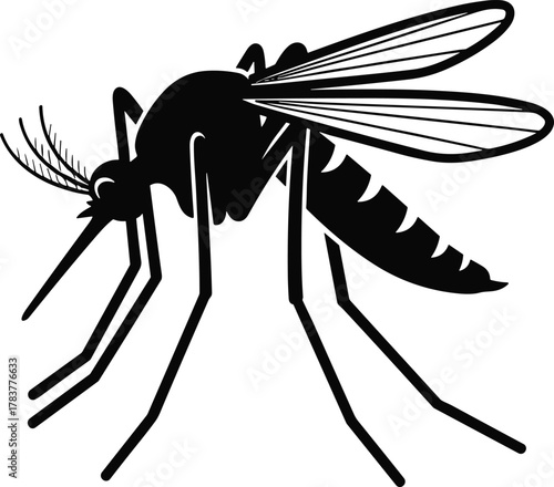 Mosquito insect silhouette illustration, detailed pest control and biology concept, CAD drawing flat vector illustration for science, education, and health awareness themes