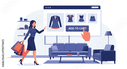 Flat vector shopper holding shopping bags while pressing “Add to Cart” on large ecommerce interface. Pastel solid illustration, ideal for promotional campaign visuals
