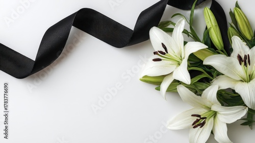 Beautiful lily flowers and black funeral ribbon on white background with space for text.