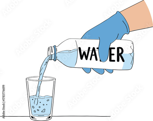 Blue glove hand pouring water, plastic bottle hydration, clean drinking concept, clear glass with bubbles, everyday activity illustration, healthy lifestyle, water flow image