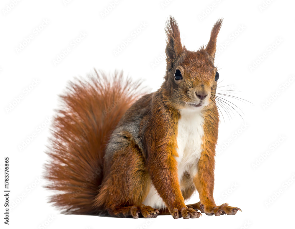 Fototapeta premium A ginger squirrel with a bushy tail sits attentively against a black backdrop, looking forward