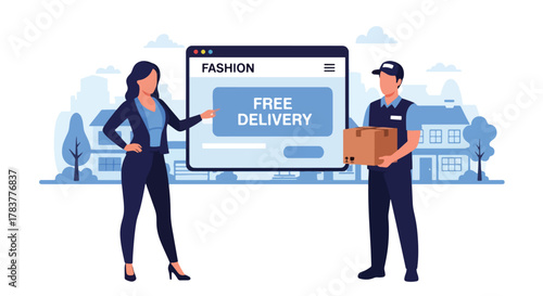 Woman receiving a package from a delivery courier with an online fashion store interface. Illustrates free delivery, e-commerce, home shopping, and logistics