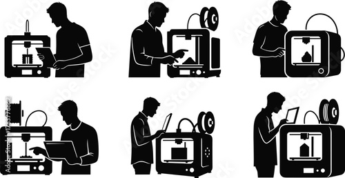3D printer operator silhouettes, additive manufacturing poses, tech interaction scenes, vector set, editable stroke, professional concept, black and white design