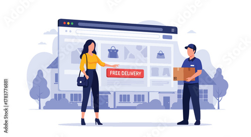 Woman receiving a package from a delivery courier with an online fashion store interface. Illustrates free delivery, e-commerce, home shopping, and logistics