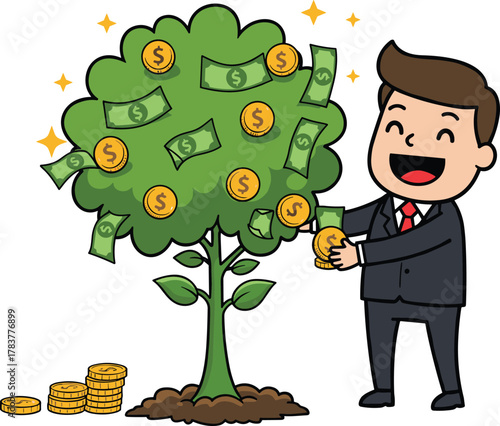 Businessman harvesting money from investment tree, financial growth concept, wealth creation, passive income, economic success, cartoon illustration, dollar coins, prosperity metaphor