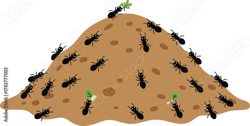 Cartoon ants working on anthill, insect teamwork illustration, green leaf carrying, soil mound texture, nature behavior scene, outdoor bug activity, environmental awareness concept